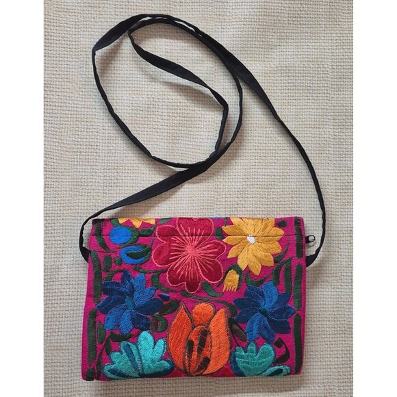 NWOT Mexican Embroidered Crossbody Envelope Purse Multicolor Floral Tassels - Picture 9 of 11